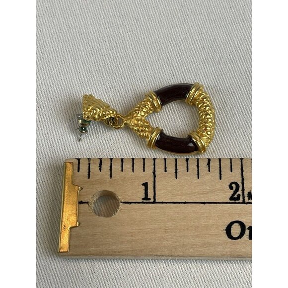 Vintage Drop Dangle Hoops Gold Tone Chocolate Brown Post Earrings Pierced - Picture 6 of 6